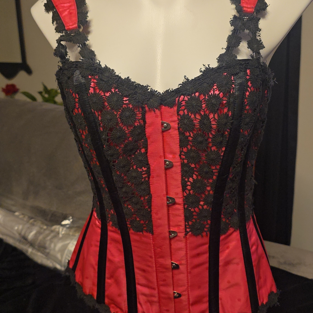 Red Satin and Black Lace Corset Shapewear Bustier
